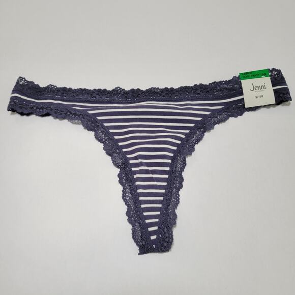 Jenni Women's Lace-Trim Thong Panties Nairobi Stripe Navy NWT Size Large - Picture 2 of 7